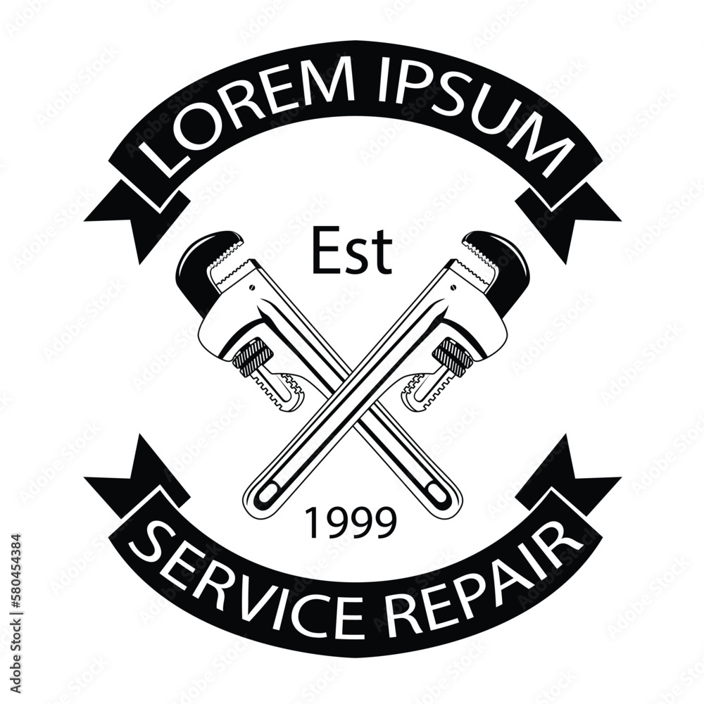 Emblem of crossed pipe wrenches on white background. vintage emblem