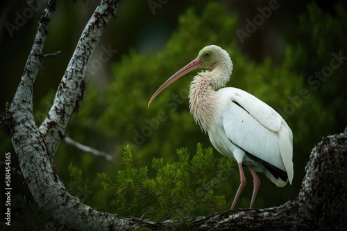 A profile of a young white ibis sitting on top of a tree on Pinckney Island in Hilton Head, South Carolina. Background is green. Generative AI photo