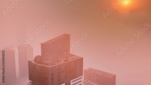 Rare early morning winter fog above the Dubai Marina skyline and skyscrapers lighted by sun aerial timelapse. photo