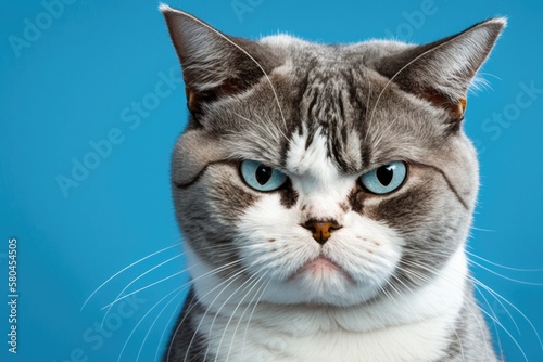 A picture of a gray and white cat looking mad or upset at the camera on a blue background. Generative AI photo