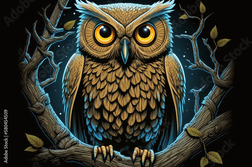 Illustration of spotlighted owl on tree branch photo