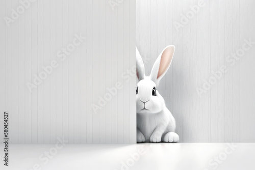 Funny Easter bunny on white wooden wall background. Generative AI