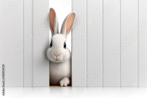 Cute Easter bunny on white wooden wall background. Generative AI