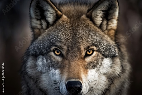 A picture of a wolf up close. The Eurasian wolf is also called the gray wolf or the timber wolf. Scientific name Canis lupus lupus. Natural habitat. Generative AI © AkuAku