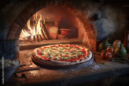 natural vegan pizza on the background of a rustic oven and fire, generative AI