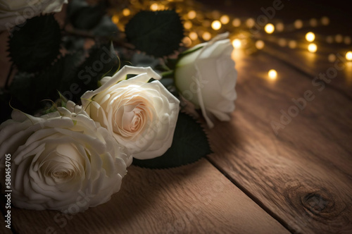 White roses on wooden floor background