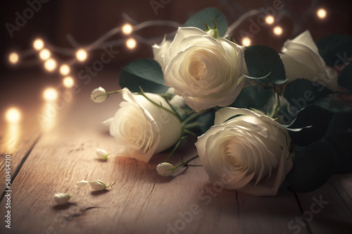 White roses on wooden floor illuminated by light