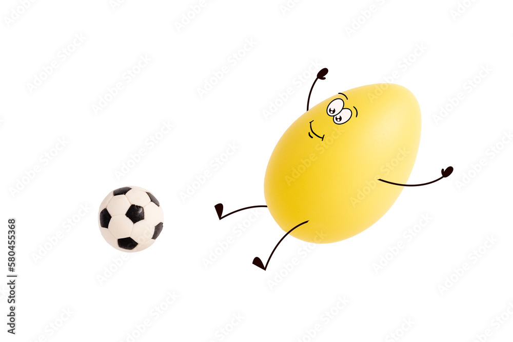 Funny Easter egg with cute face playing football isolated on white  background. Cute yellow egg character jumping to hit soccer ball. Sports,  training and healthy lifestyle. Protein and nutrition Photos | Adobe