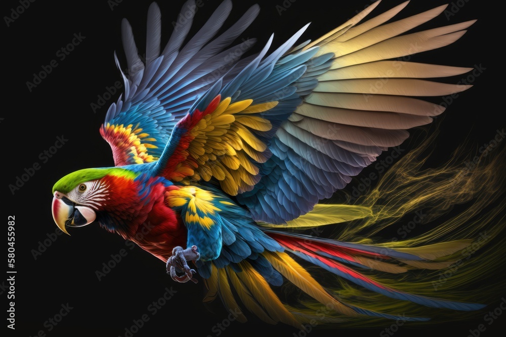 Obraz premium Flying Ara, a beautiful parrot with bright colors, on a dark background. Generative AI