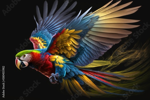 Flying Ara, a beautiful parrot with bright colors, on a dark background. Generative AI