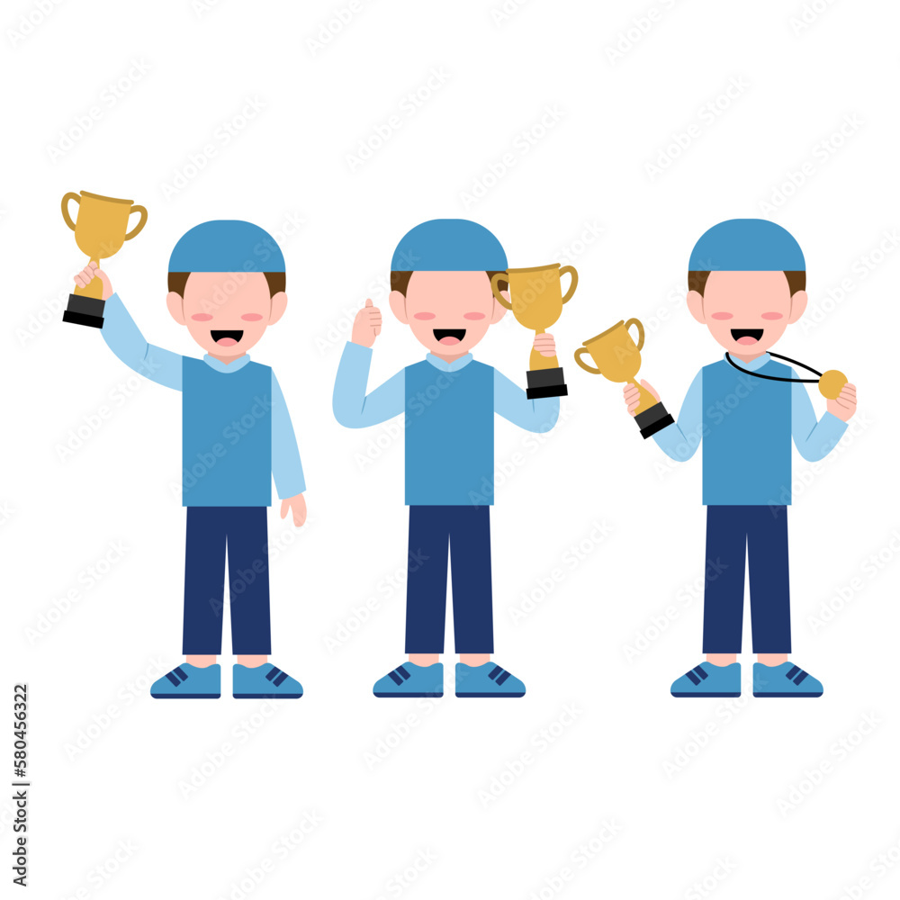 Set Of Muslim Boy Holding Trophy Set Of Muslim Boy Holding Trophy