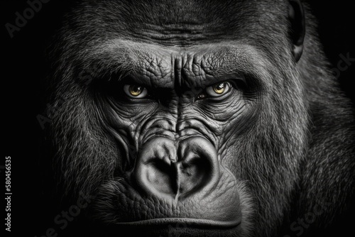 Gorilla face, animal eyes, isolated black and white wildlife. Generative AI