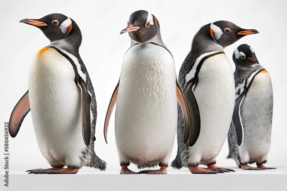 Fototapeta premium Gentoo penguins standing alone against a white background. Generative AI