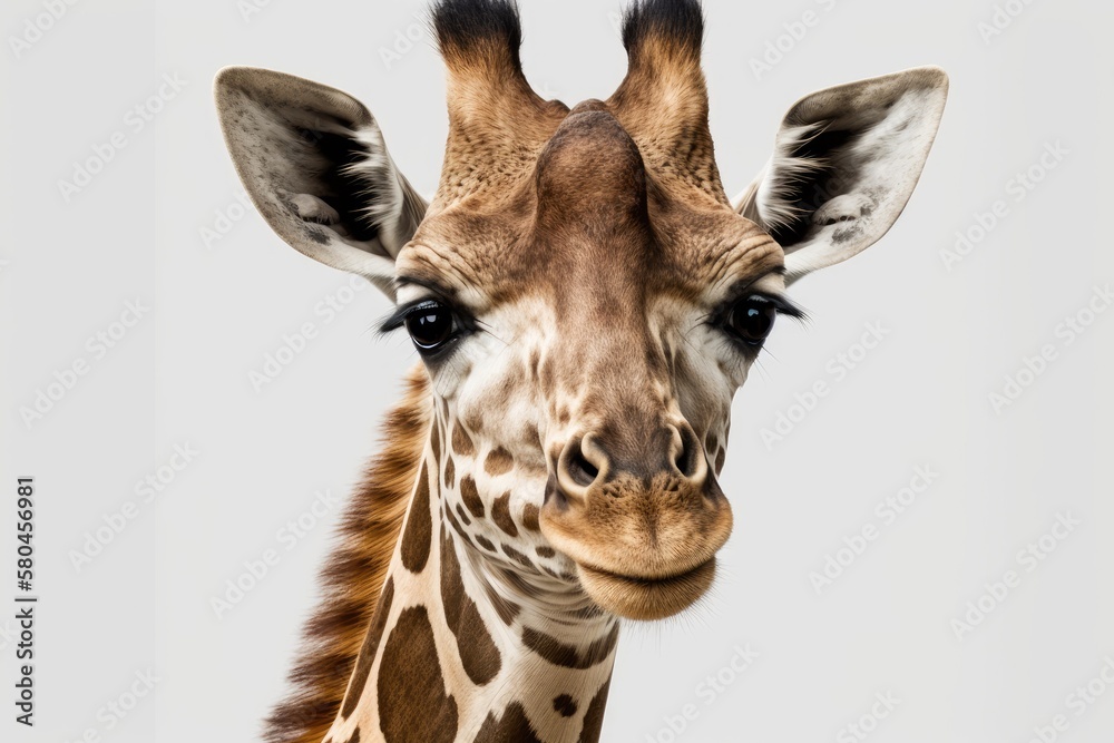 Giraffe portrait on white background, isolated. Generative AI