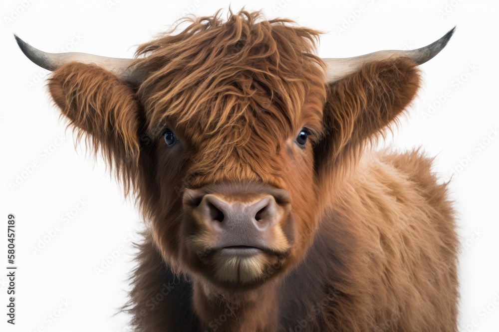 Headshot of a highland cow on a white background. Generative AI Headshot of a highland cow on a white background. Generative AI