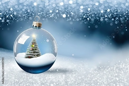 glass globe in the snow with christmas decoration on snow background, christmas glass ball