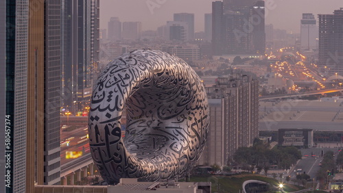 Photography Museum of the Future exhibition space aerial night to day timelapse with iconic