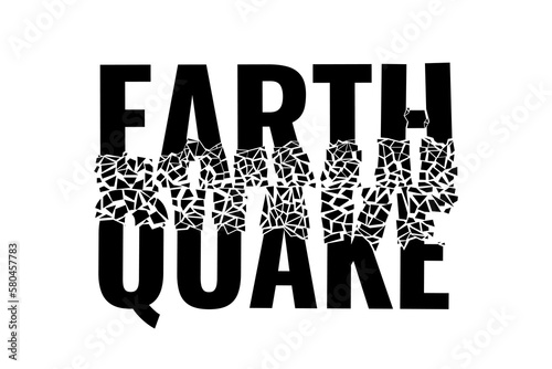 Earthquake broken word split fragments. Seismic ground vibration and damaged concrete destruction symbol. Earth quake black inscription with clefts and fissures. Destructed eps lettering with cracks