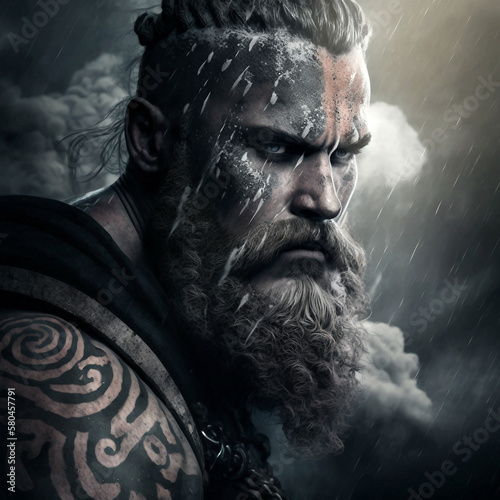 Portrait fictif d'un guerrier viking sous une tempête.
Eclairage dramatique et menaçant. photo