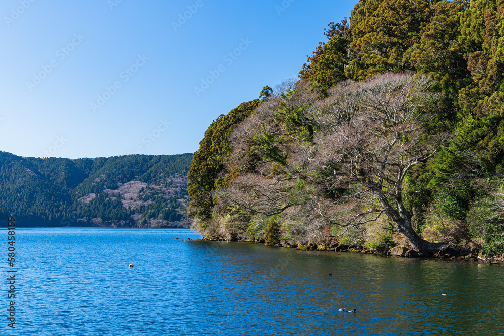 日本　神奈川県足柄下郡箱根町の元箱根港湖畔から見える芦ノ湖