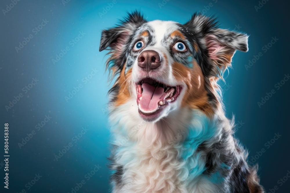 A picture of a cute Australian shepherd dog with its tongue out, set against a blue background with a light spot on it. Generative AI