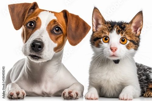 A picture of a cute dog A Jack Russell Terrier and a happy looking cat Scottish Straight, set off against a white background. Generative AI © AkuAku