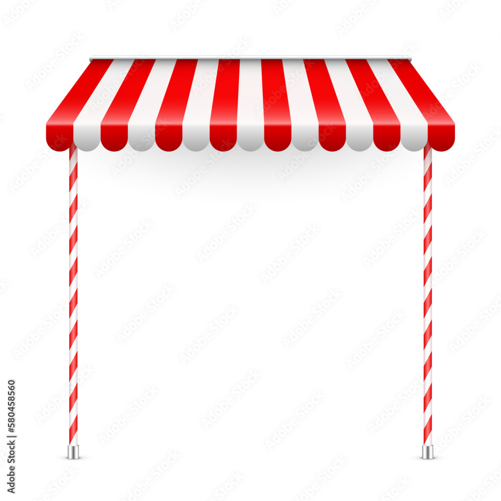 Fototapeta premium Red shop sunshade with stand holders. Realistic striped cafe awning. Outdoor market tent. Roof canopy. Summer street store. Vector illustration