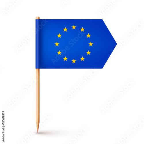 Realistic European toothpick flag. Souvenir from Europe. Wooden toothpick with paper flag. Location mark, map pointer. Blank mockup for advertising and promotions. Vector illustration