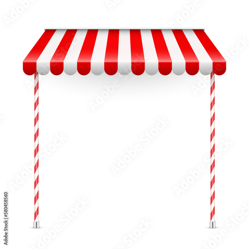 Red shop sunshade with stand holders. Realistic striped cafe awning. Outdoor market tent. Roof canopy. Summer street store. Vector illustration
