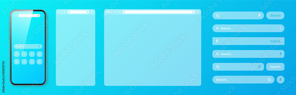 Smartphone, transparent internet browser window with various search bar templates. Web site engine with search box, address bar and text field. Website UI interface elements. Vector illustration - obrazy, fototapety, plakaty 