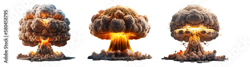 Set of nuclear explosions and mushroom cloud isolated on transparent background - Generative AI photo