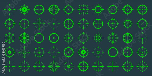 Crosshair, gun sight vector icons. Bullseye, green target or aim symbol. Military rifle scope, shooting mark sign. Targeting, aiming for a shot. Archery, hunting and sports shooting. Game UI element.