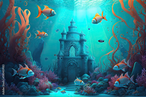 Beautiful illustration of a mermaid castle in deep blue ocean with group of vibrant colored fish. © Claudine
