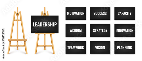 Realistic paint desk with text on black canvas. Wooden easel and a sheet of drawing paper. Presentation board on a tripod. Leadership and success, goals achievement. Vector illustration