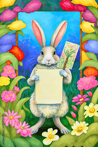 A colorful painting with flowerx and a easterbunny holding a sign / paper / banner  with your message, Generative AI photo