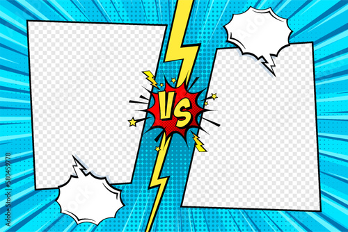 Cartoon comic background with blank place for your design. Fight versus. Comics book colorful competition or challenge poster mockup. Retro Pop Art style. Vector illustration