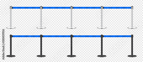Realistic blue retractable belt stanchion. Crowd control barrier posts with caution strap. Queue lines. Restriction border and danger tape. Attention, warning sign. Vector illustration