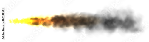 Realistic black smoke with fire, space rocket launch trail. Fire burst, explosion. Missile or bullet trace. Jet aircraft track. Smoke clouds, fog. Steam flow. Vector illustration