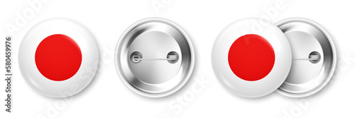 Realistic button badge with printed Japanese flag. Souvenir from Japan. Glossy pin badge with shiny metal clasp. Product mockup for advertising and promotion. Vector illustration