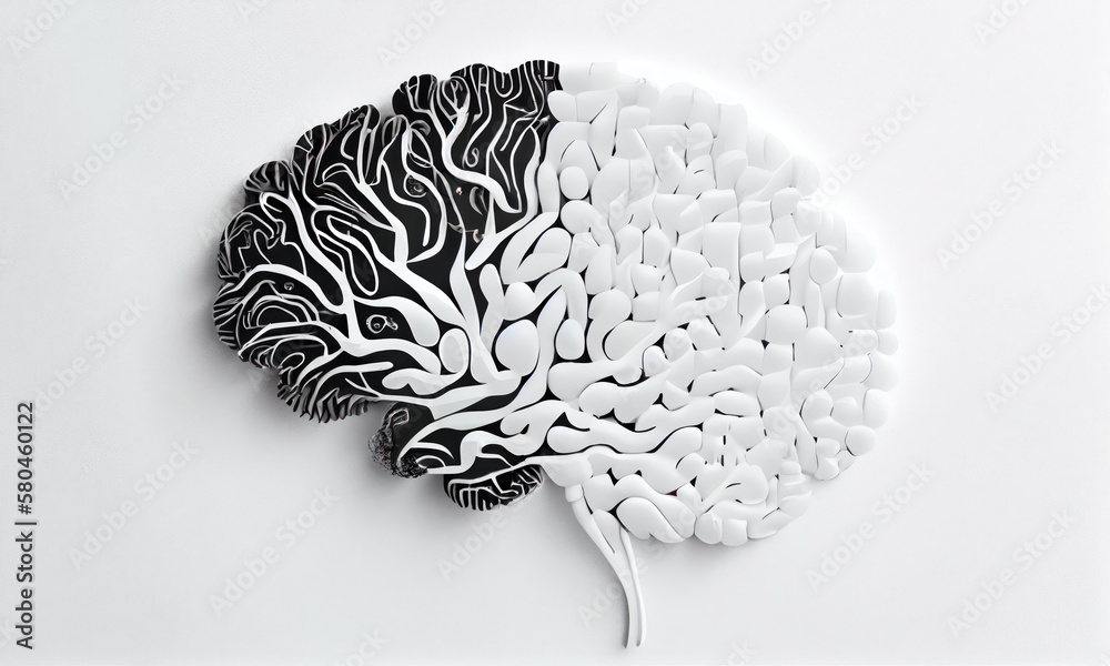 Monochrome black and white design of a human brain. of a human b Stock