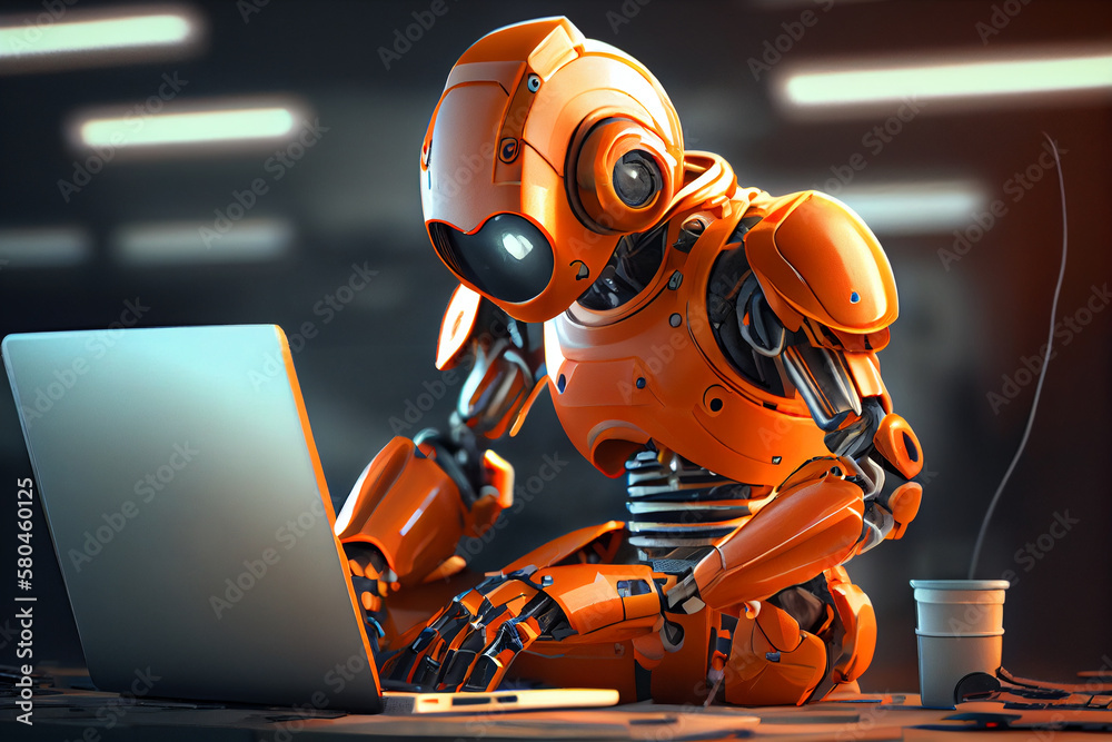 3D humanoid AI robot laptop computer, future futuristic IoT network AI artificial intelligence industry automated digital world metaverse chatbot technology cyber space online security VPN. High