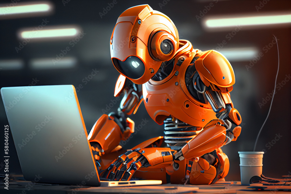 3D humanoid AI robot laptop computer, future futuristic IoT network AI artificial intelligence industry automated digital world metaverse chatbot technology cyber space online security VPN. High 3D humanoid AI robot laptop computer, future futuristic IoT network AI artificial intelligence industry automated digital world metaverse chatbot technology cyber space online security VPN. High