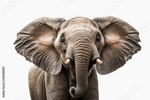 Elephant portrait. Elephant's mouth is open. On a white background is an elephant. Generative AI