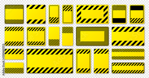 Various blank yellow warning signs with diagonal lines. Attention, danger or caution sign, construction site signage. Realistic notice signboard, warning banner, road shield. Vector illustration © 32 pixels