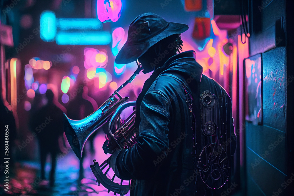 Art Street musician plays music on the french horn in the evening street with neon lights background. High quality illustration.