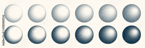 Round shaped dotted objects, vintage stipple elements. Fading gradient. Stippling, dotwork drawing, shading using dots. Halftone disintegration effect. White noise grainy texture. Vector illustration