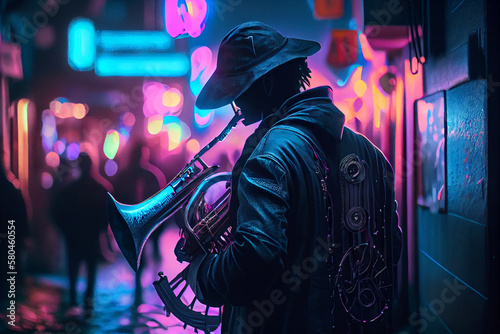 Art Street musician plays music on the french horn in the evening street with neon lights background. High quality illustration.