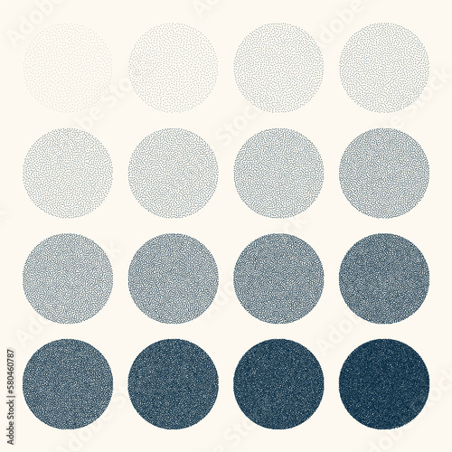 Round shaped dotted objects, vintage stipple elements. Fading gradient. Stippling, dotwork drawing, shading using dots. Halftone disintegration effect. White noise grainy texture. Vector illustration