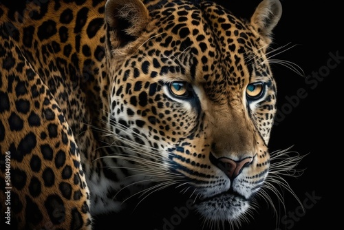 Face of a jaguar, up close, on a black background. Generative AI