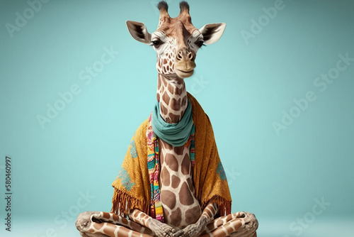 Studio portrait of giraffe in boho clothes doing meditation, created with Generative AI technology